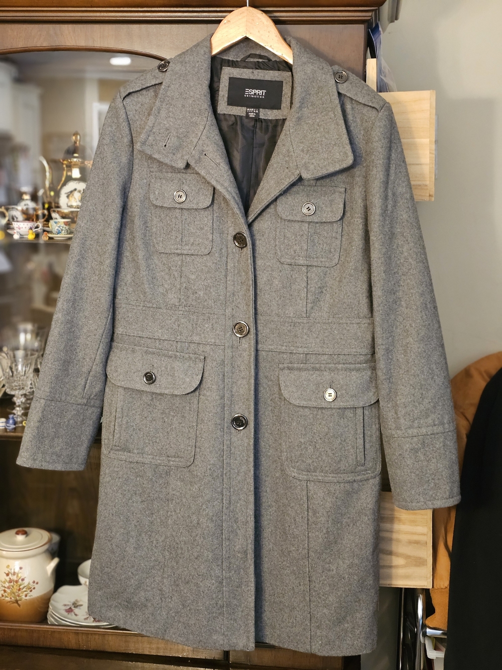 Esprit Vintage Gray Wool Blend Military Style Button Pea Coat Womens Size Large